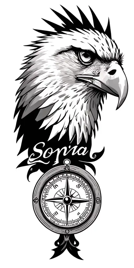 EAGLE HEAD, ROAD, HIGHWAY COMPASS WITH WIFES NAME "SONIA" WRITTEN tattoo design idea