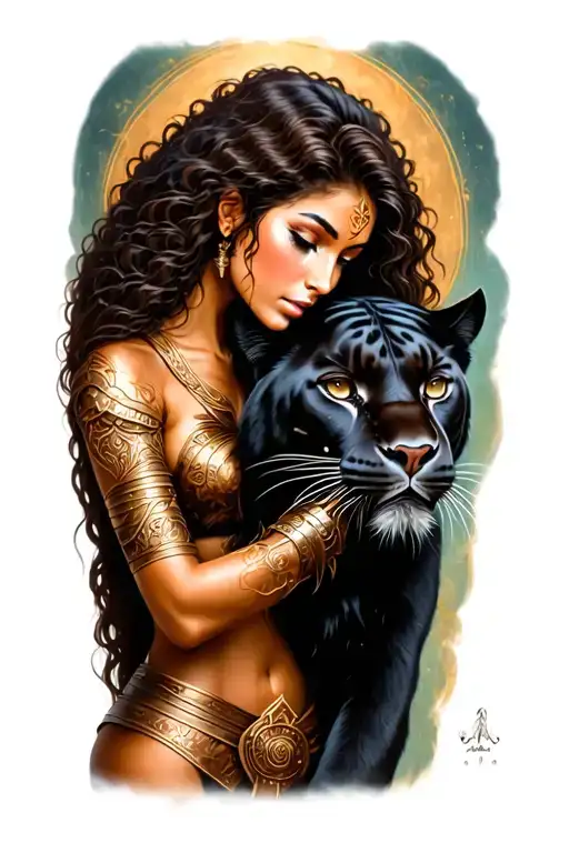 a female warrior with long brown curly hair and brown skin petting a black panther like it is her spirit guide tattoo design idea