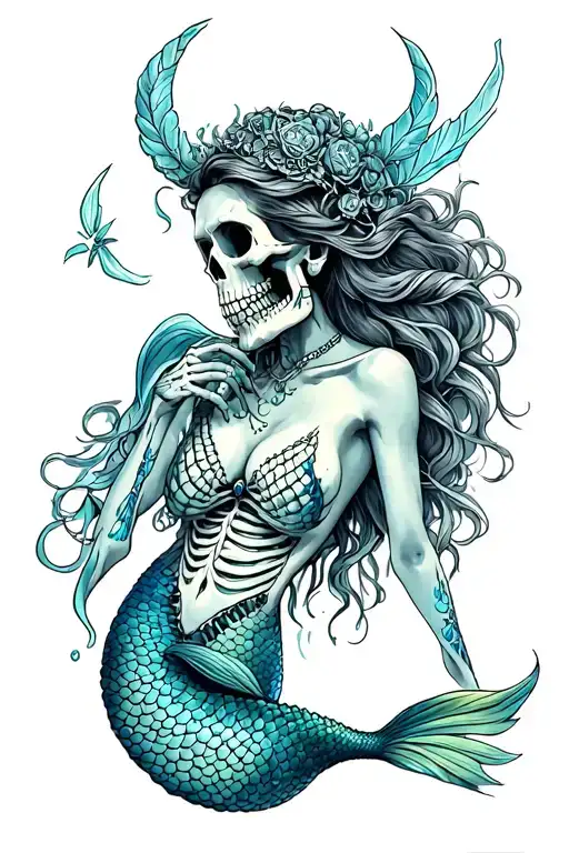 beauty mermaid with skeletor body tattoo design idea