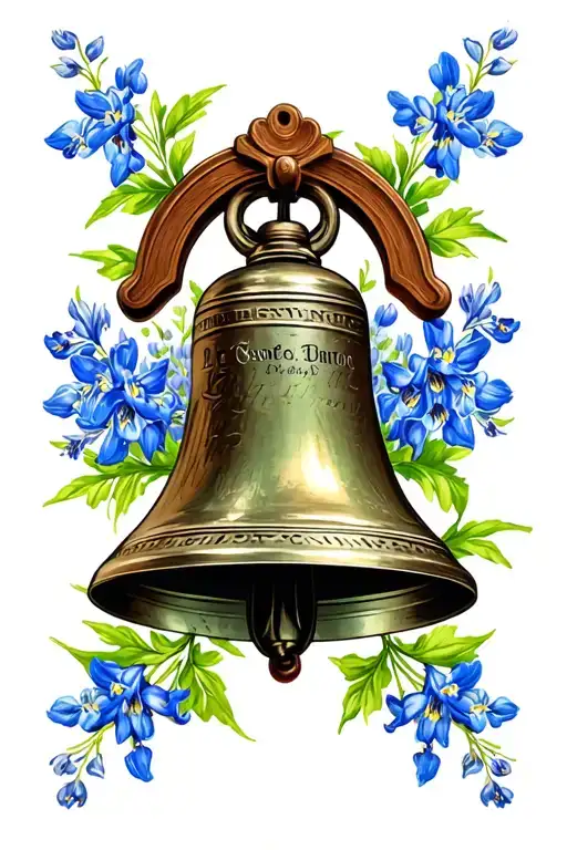 forearm tattoo: old church bell surrounded by bluebells flowers tattoo design idea
