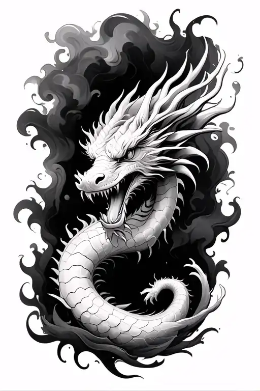 realism japanese dragon half sleeve with black smoke background tattoo design idea