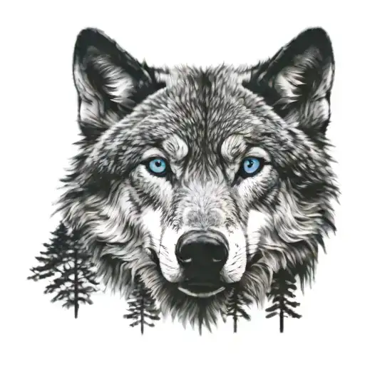 mean looking wolf in black and white with blue eyes with tree line behind  tattoo design idea