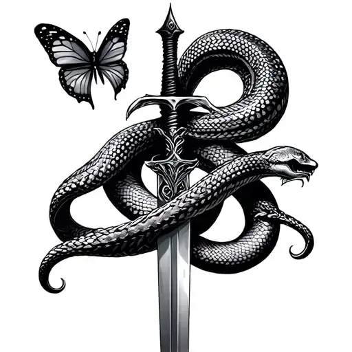 sword with snake wrapped loosely intertwined snakes moving with the tip of the sword piercing a butterfly  tattoo design idea