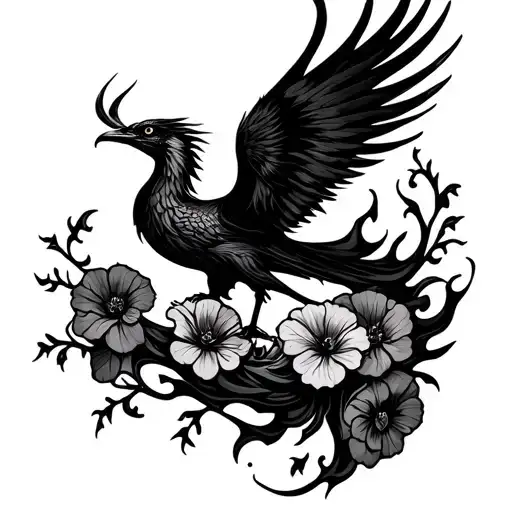 black phoenix rising from flames with geranium flowers tattoo design idea