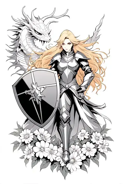 elegant knight with long blonde hair holding a shield in an anime pose with flowers at the bottom and a dragon behind hi tattoo design idea