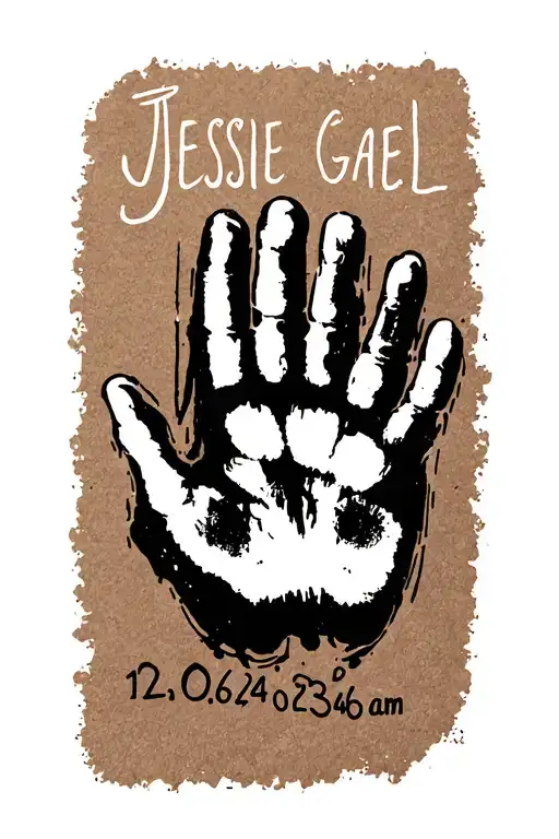 "Jessie Gael 12.06.24 6:23 am" baby hand print  tattoo design idea