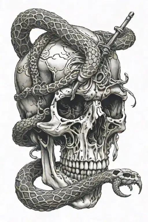 skull witha snake coming out of the eye and wrapping round a wand  tattoo design idea