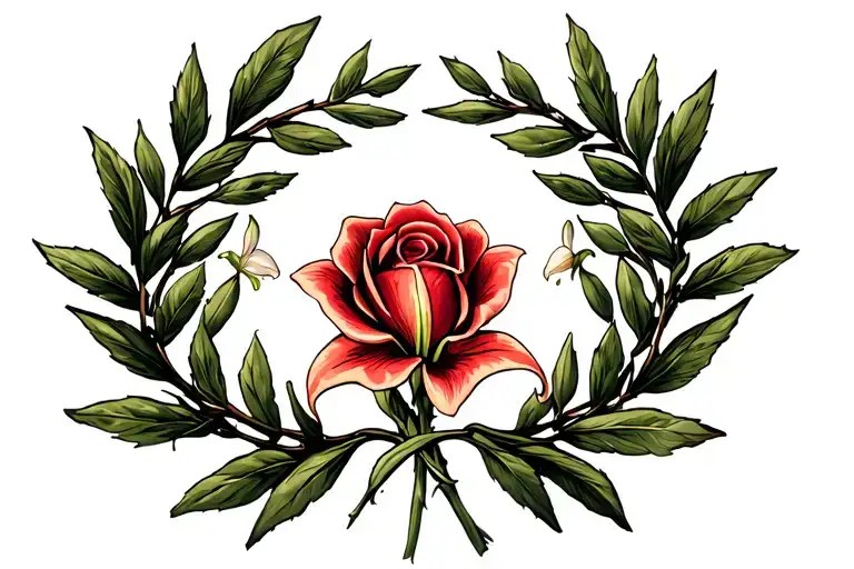 laurel wreath made of olive tree branches, with a rose intertwined with a lily in the cente tattoo design idea