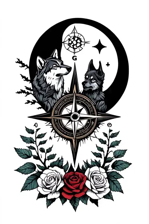 wolf compass intertwined with roses trees moon  tattoo design idea