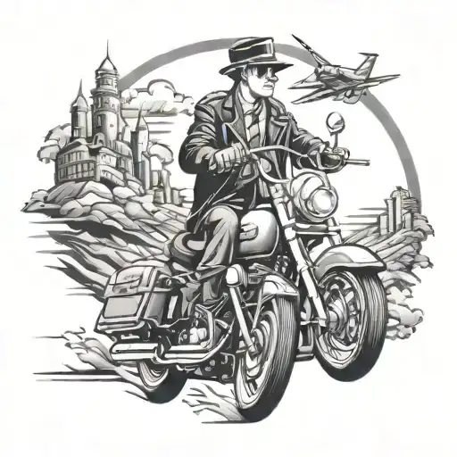 Design a black-grey tattoo of a chauffeur driving a Harley Davidson through a musical landscape tattoo design idea