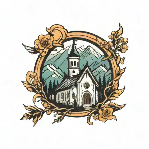 church nestled in the mountains with a cross made with arrows  tattoo design idea