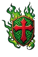 3d red jerusalem cross against a crusader shield made of green and black celtic knot flames tattoo design idea