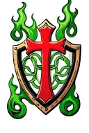3d red jerusalem cross against a crusader shield made of green and black celtic knot flames tattoo design idea