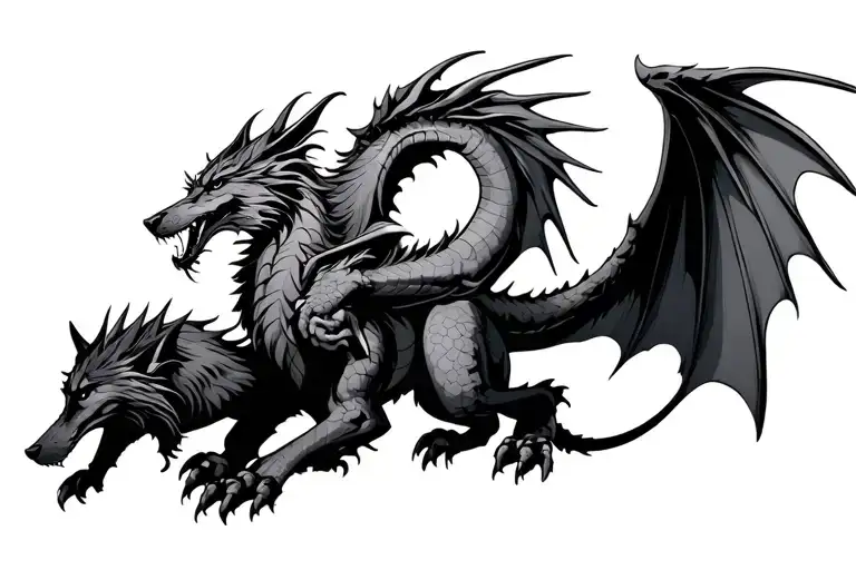 dragon with wings fighting a wolf tattoo design idea