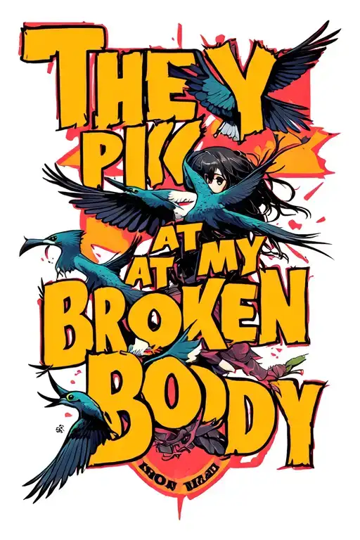 The text" They pick at my broken body" in a bold font and an image of birds attacking a girl tattoo design idea