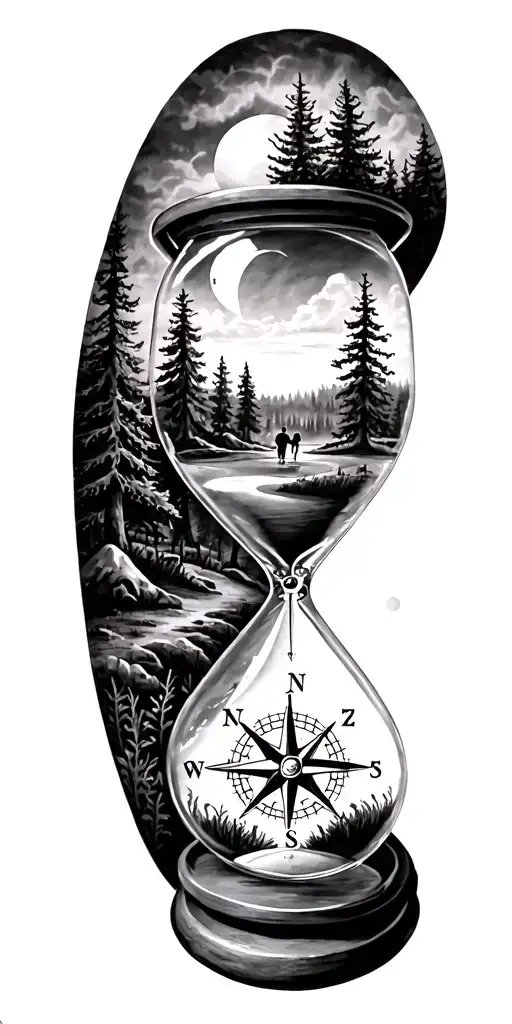 family and forest and hour glass and compass golf course tattoo design idea