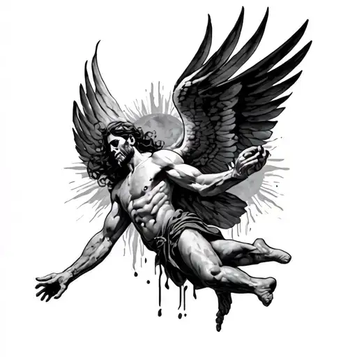 Icarus tattoo with memento mori and him falling from the sun burned tattoo design idea