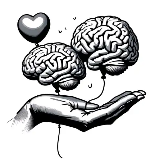 hand holding a balloon brain and a heart balloon floating away from the hand and brain long balloons tattoo design idea