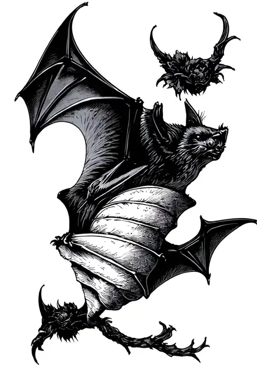 black and white flying bat flying left wrapped loosely tattoo design idea