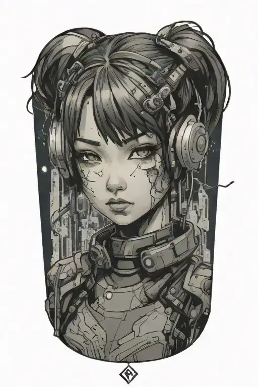 cyberpunk young girl anime tattoo design idea