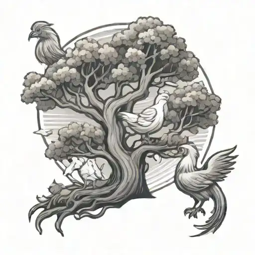 tree and chicken and yoshi and unicorn tattoo design idea