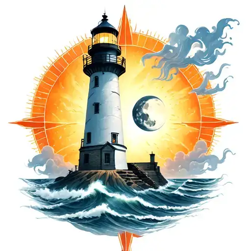 Lighthouse of the sun and moon Wind Rose tattoo design idea