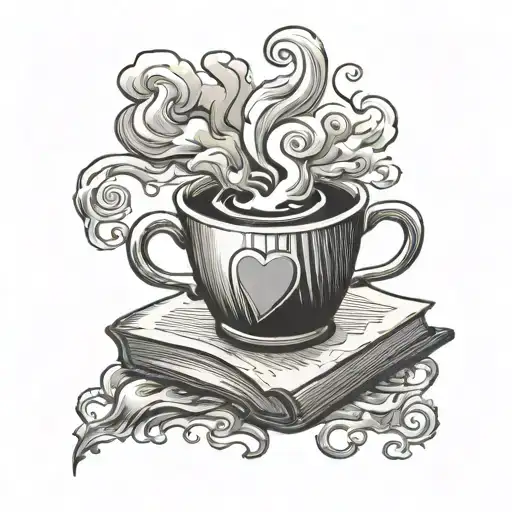 Conical Coffee Mug with steam in a heart on top of a closed book tattoo design idea