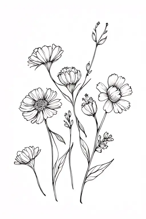 fine line tattoo with flowers all together, spread on one brance... marigold, carnation x2 and larkspur tattoo design idea