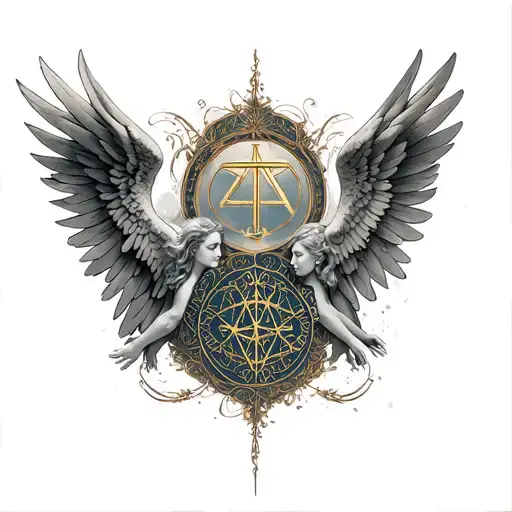 "Serafines " Gemini symbol and two Arch angels tattoo design idea
