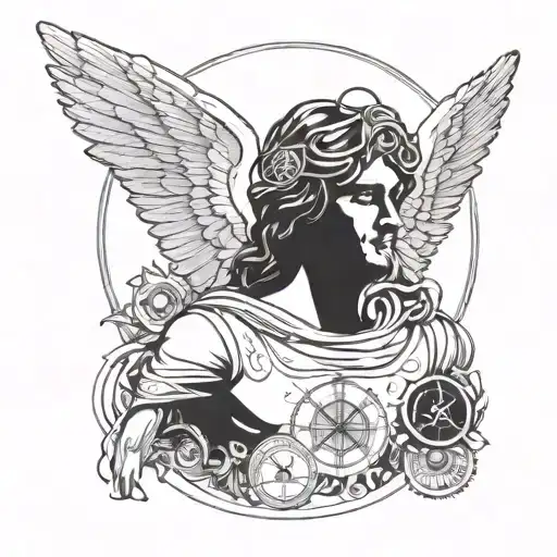 A guardian angel with wings made of medical equipment, surrounded by a halo of communist symbols tattoo design idea