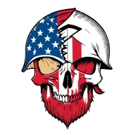 front facing bearded skull vertically covered with a broken in half, vertical American flag spartan warrior helmet tattoo design idea