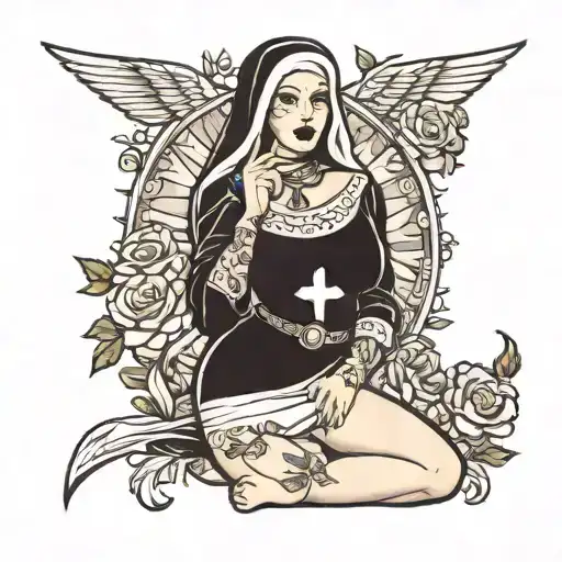 Create an image of amercain traditional flash nun  women posing sexy with in a swimwear    tattoo design idea