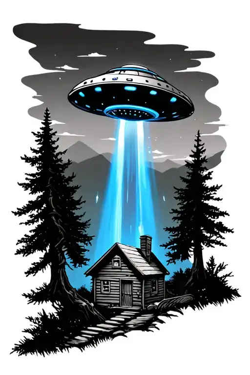 ufo with blue beam over a small cabin in the woods tattoo design idea
