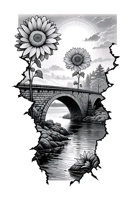 brick wall being torn bridge sun river woods Chrysanthemum flower tattoo design idea