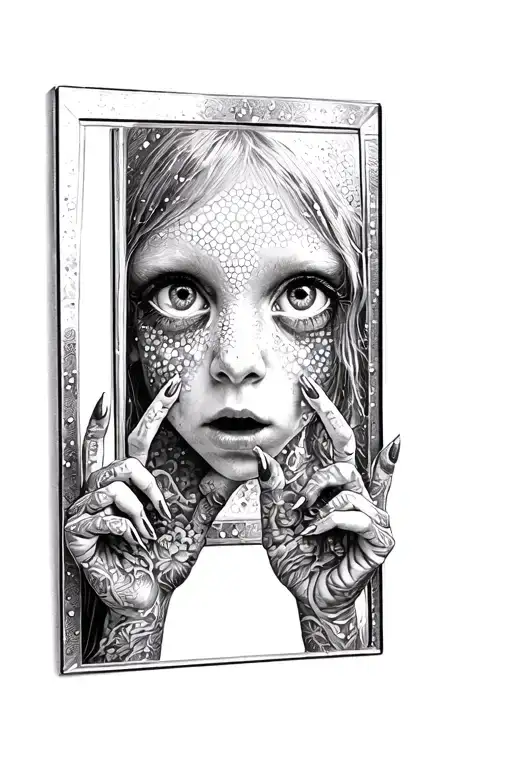 The girl looking in a mirror with large scanned eyes with long nails is horrified tattoo design idea