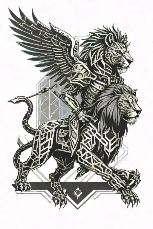 valkyrie with wings and in armor with a spear and shield. At her feet a lion's head with an open mouth tattoo design idea