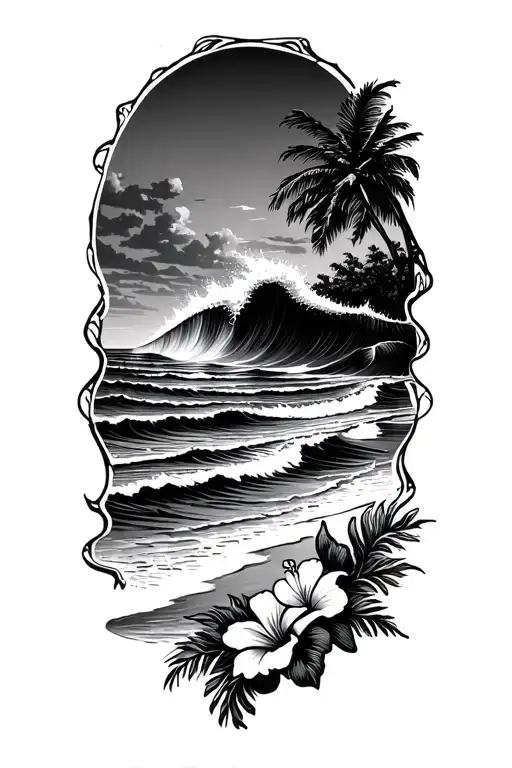 ocean waves crashing on beach with palm and hibiscus vine on bottom right tattoo design idea