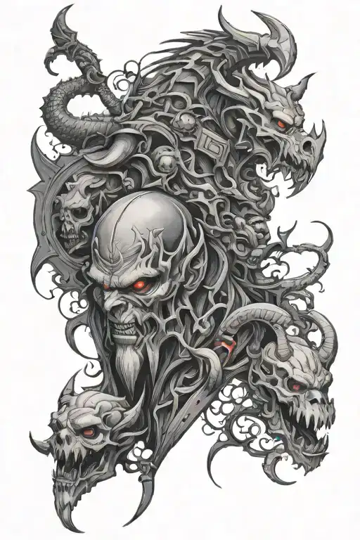 heavy metak themed tattoo with demons and gargoyls in black and white or greyscale tattoo design idea
