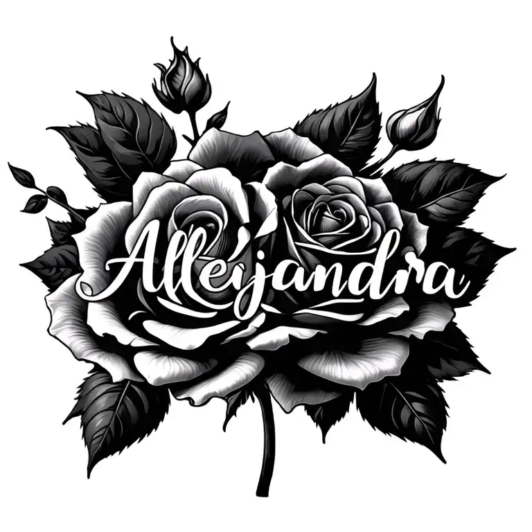 the name Alejandra with a rose surrounded no stem tattoo design idea