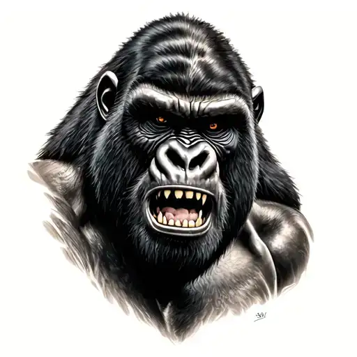 Create a angry Gorilla Tattoo on a mans Neck. The Gorilla should be very detailed with his mouth open and teeth visible. tattoo design idea