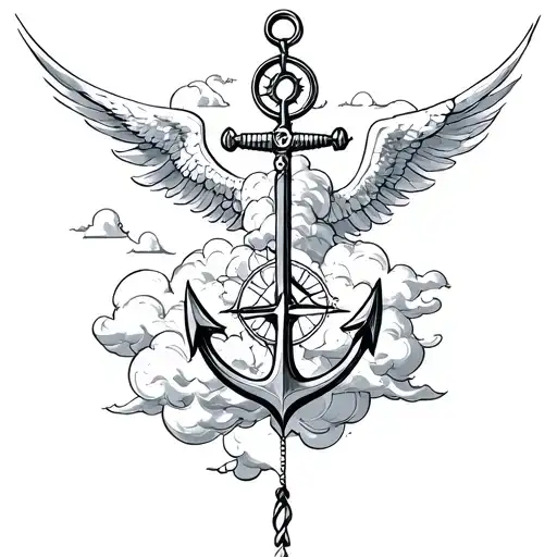 a Greek god or angle with clouds an anchor and compass tattoo design idea