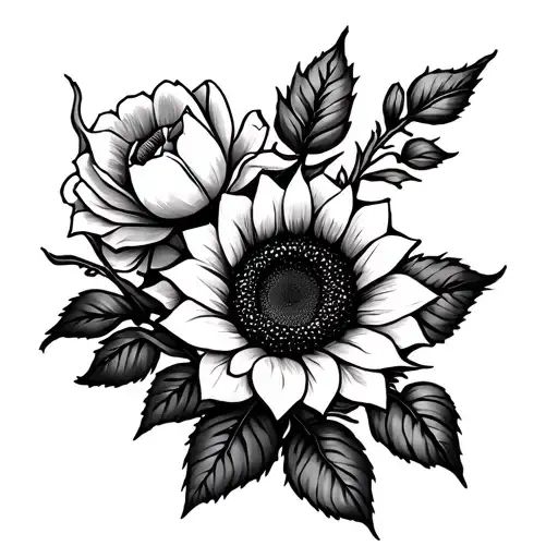 cross with rose,tulip and sunflower tattoo design idea