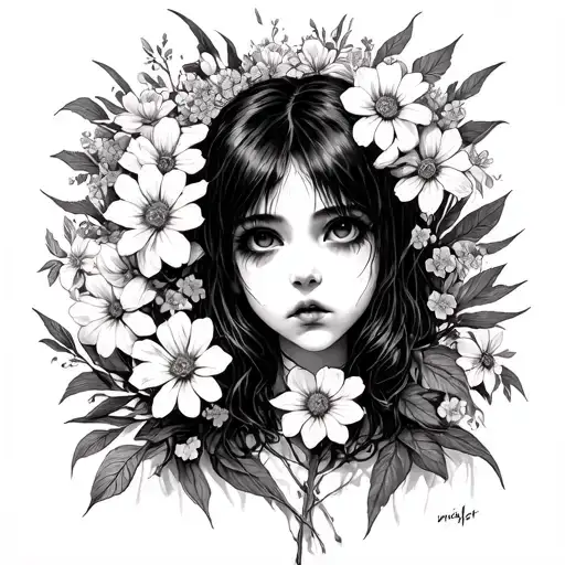 junji ito horror girl, casca berserk brand of sacrifice, flowers multiple, detailed anime,  tattoo design idea