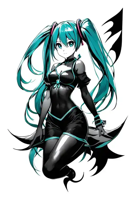 design me a blackwork style tattoo of the character Hatsune miku full body in some dynamic position tattoo design idea