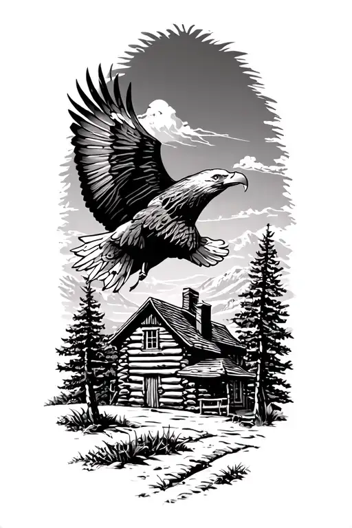 log cabin off in the distance with a bald eagle soaring in the sky tattoo design idea