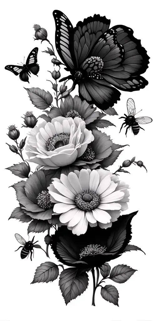 butterflies roses peony poppies hawthorne Daisies sweet pea flowers and bees tattoo design idea