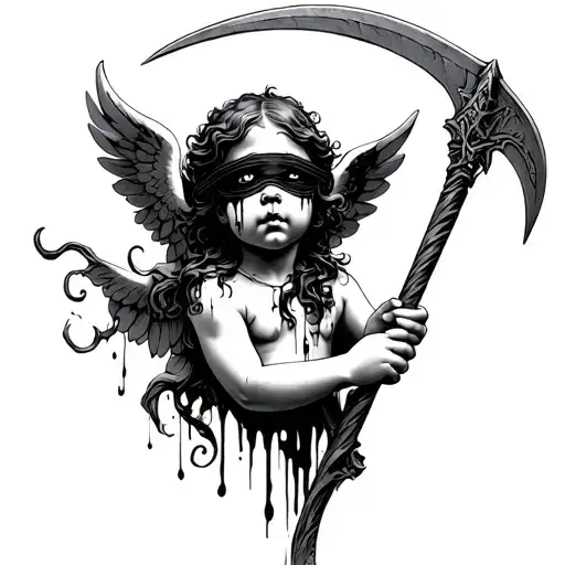 blindfold cherub eyes bleeding holding scythe hovering tattoo design idea