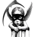 blindfold cherub eyes bleeding holding scythe hovering tattoo design idea