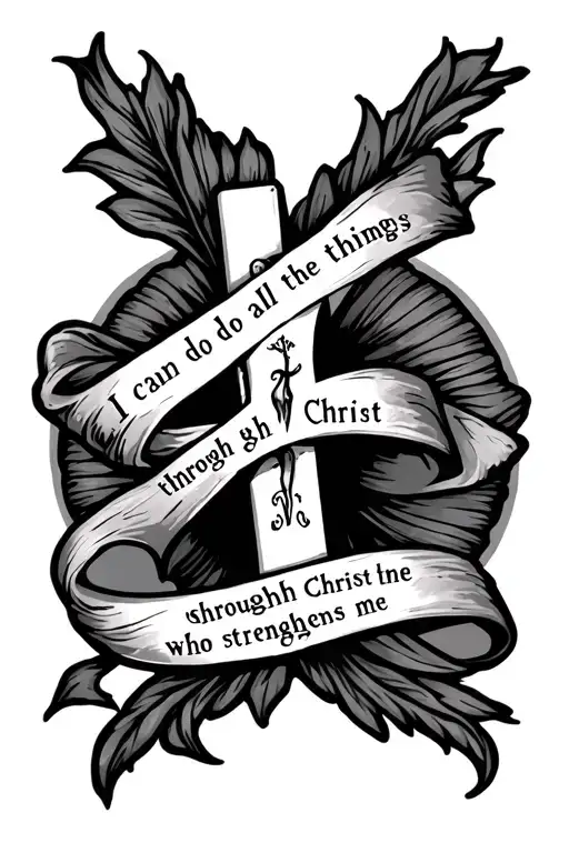 cross with ribbon around says "I can do all things through Christ who strengthens me" tattoo design idea