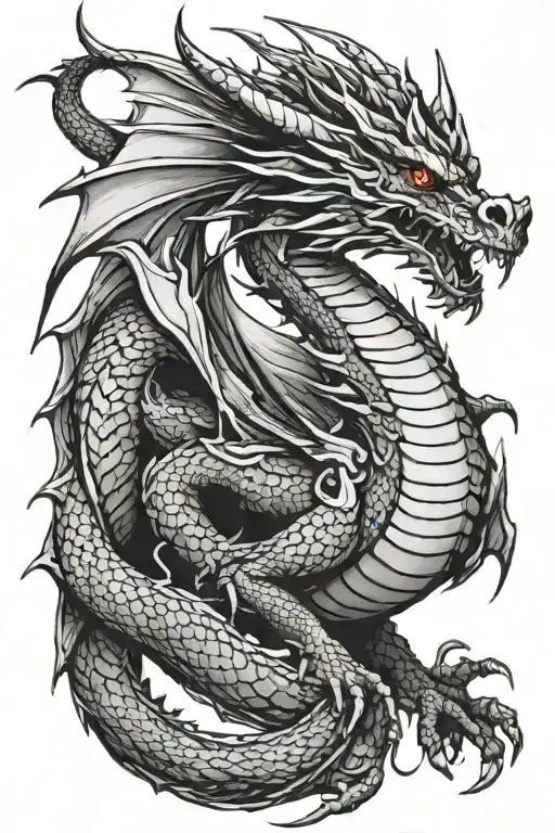 Black dragon with red eyes that is evolving and has huge wings tattoo design idea